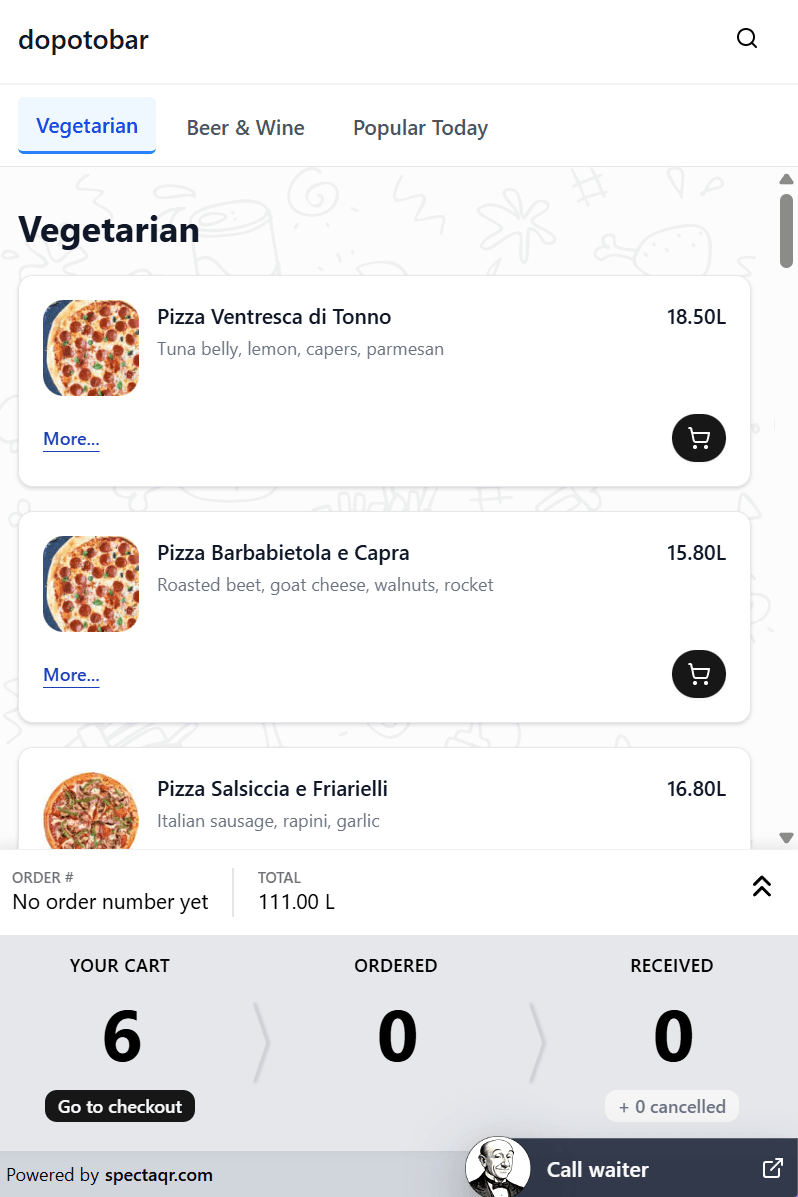 SpectaQR public menu viewed by a guest